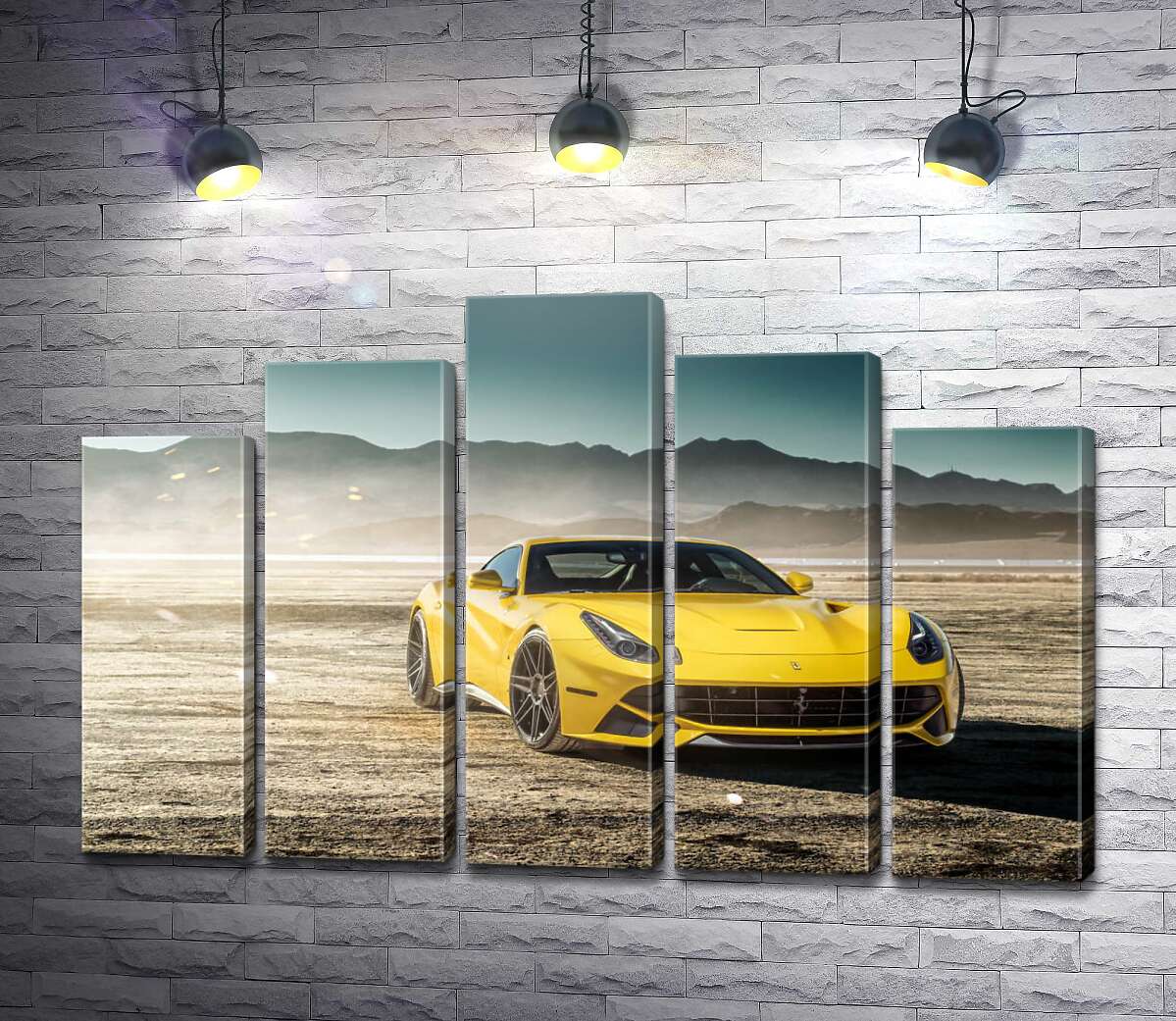 модульная картина Желтый автомобиль Ferrari F12 berlinetta в пустыне (Модуль №29)