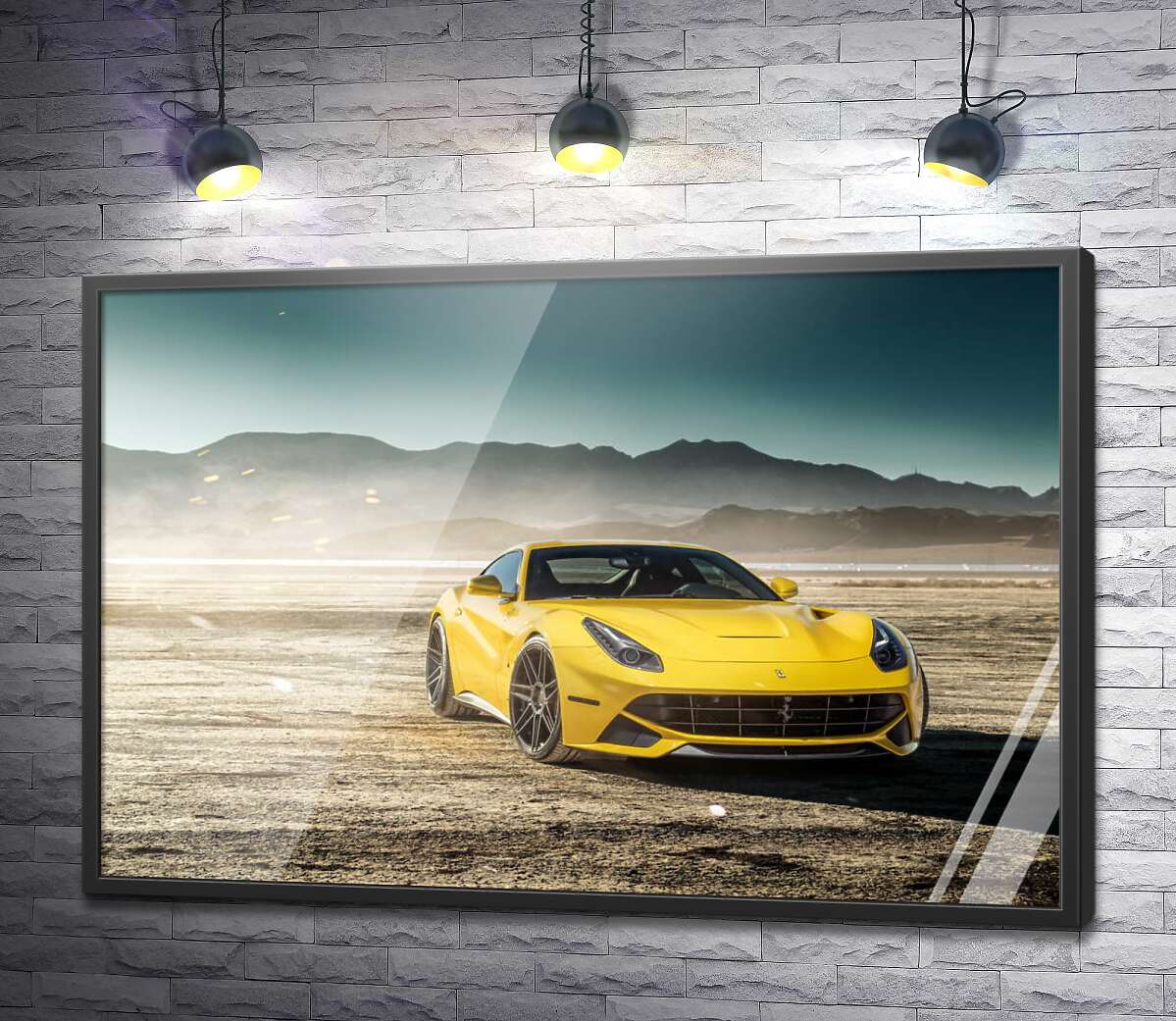 постер Желтый автомобиль Ferrari F12 berlinetta в пустыне