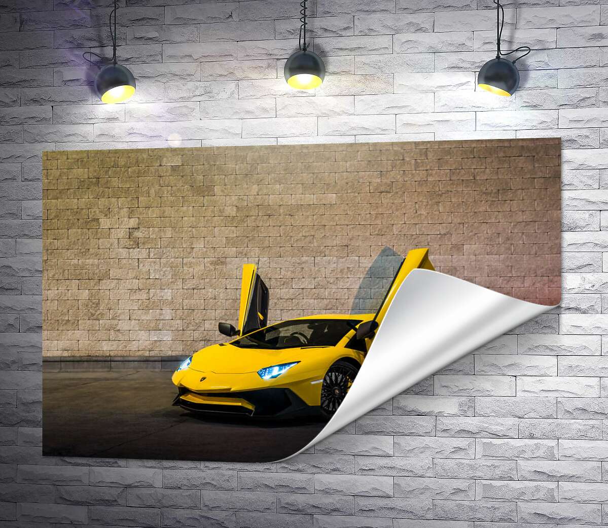 печать Желтый автомобиль Lamborghini Aventador
