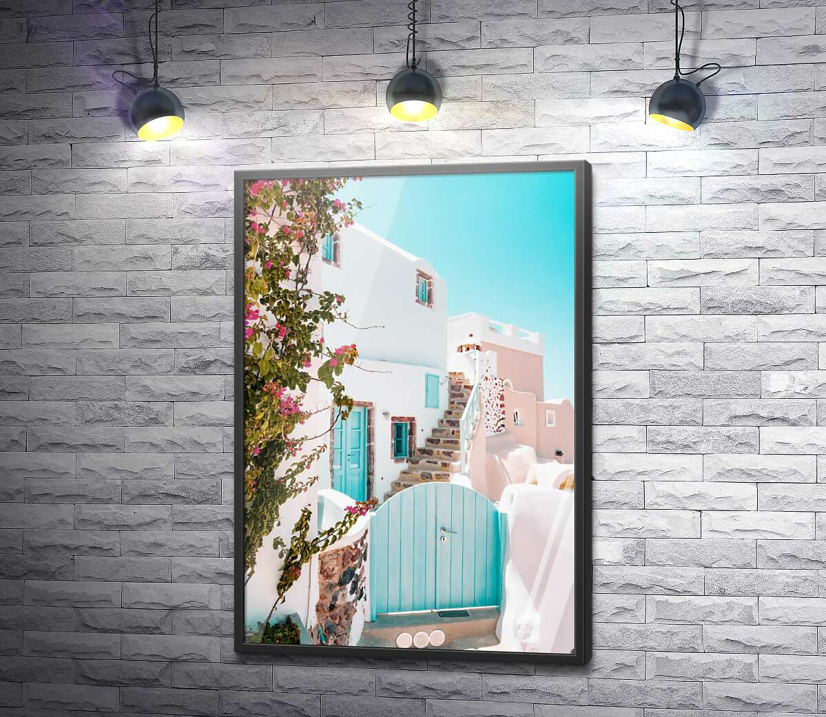 постер Белоснежный греческий дом с голубой калиткой