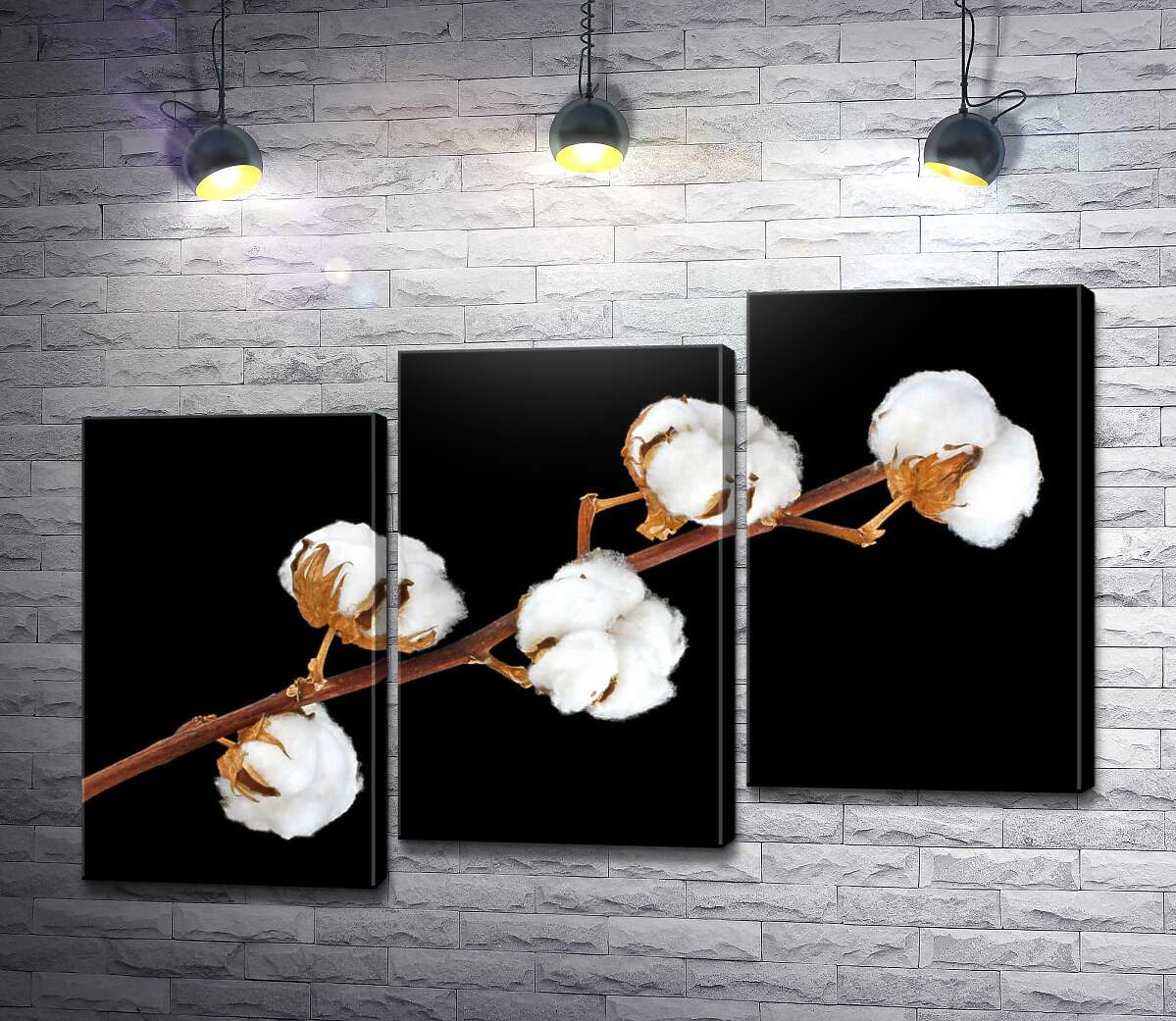 модульная картина Веточка хлопка на черном фоне (Модуль №14)