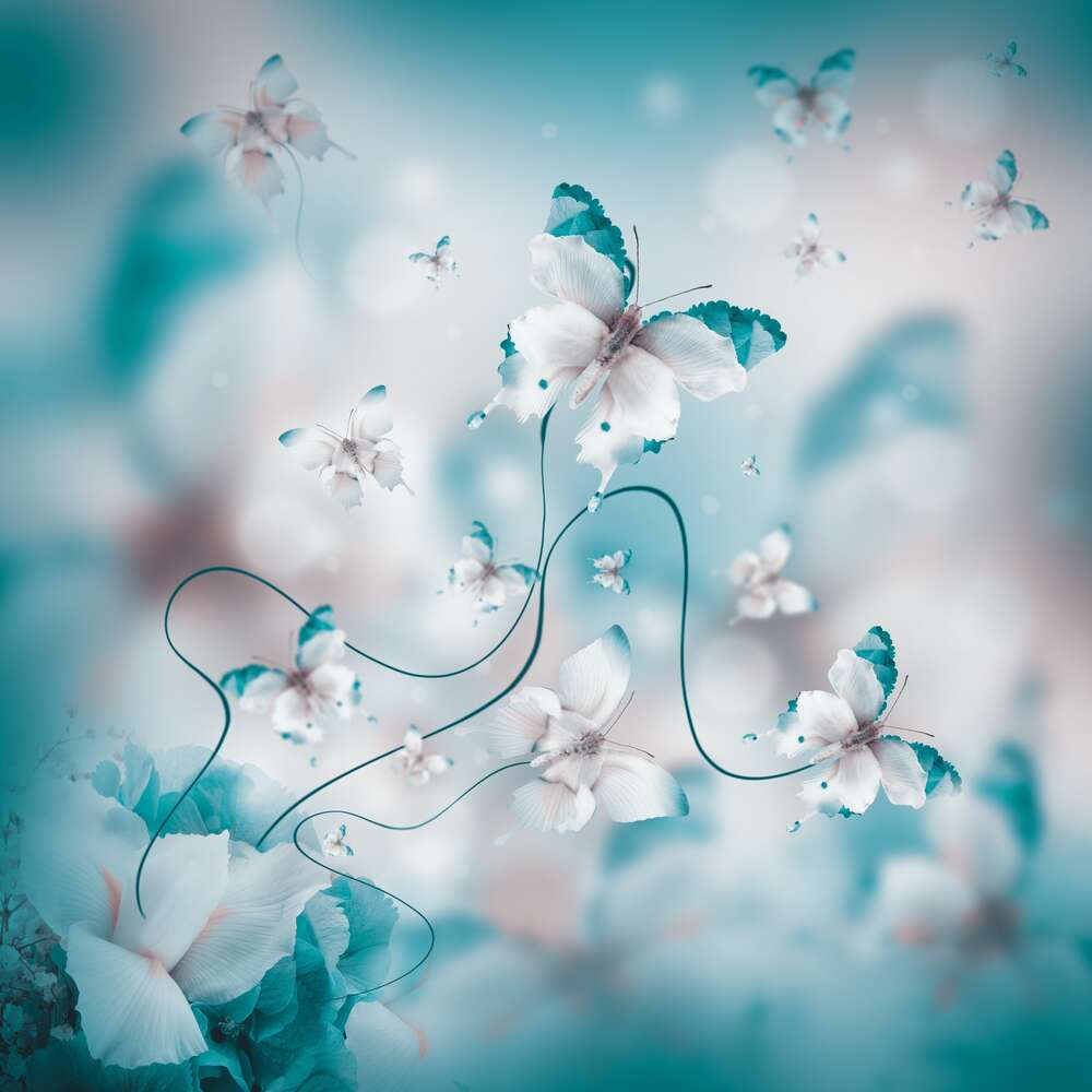 картина-постер Нежные бело-голубые бабочки из лепестков