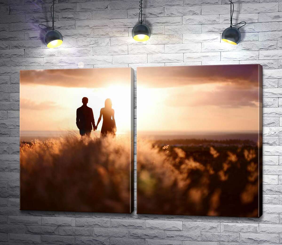 модульная картина Силуэты влюбленной пары в лучах заходящего солнца