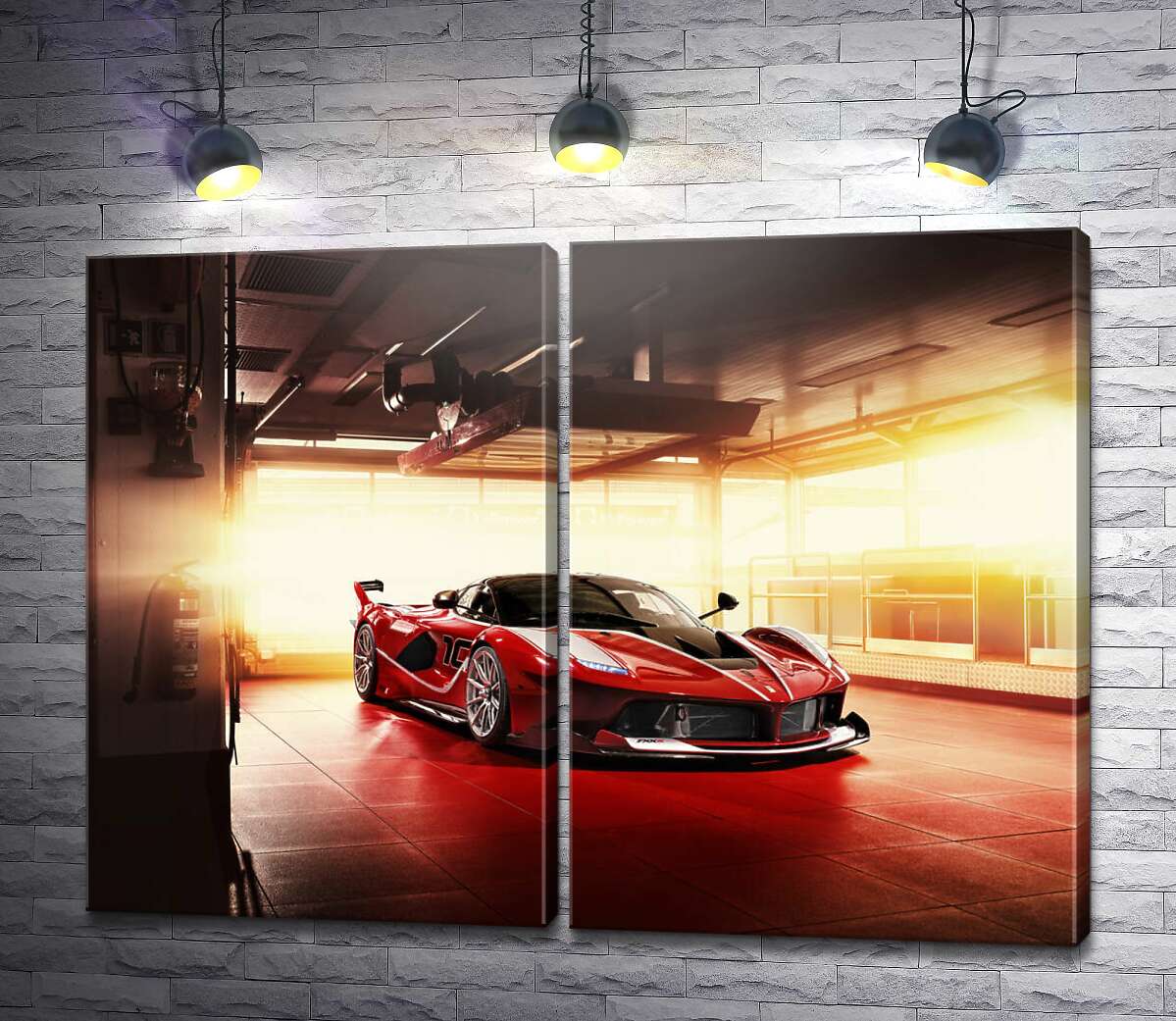 модульная картина Красный автомобиль Ferrari FXX-K в ангаре