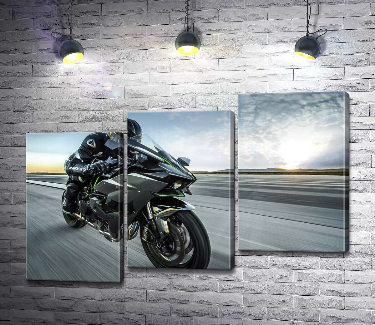 модульна картина Гонщик мчить на чорному мотоциклі Kawasaki Ninja (Модуль №14)