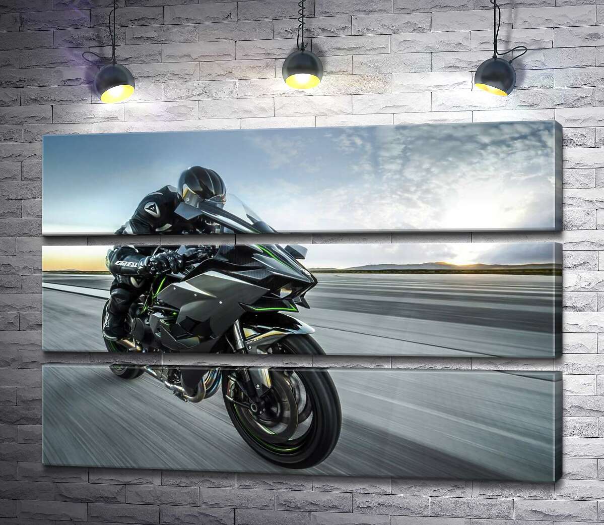 модульна картина Гонщик мчить на чорному мотоциклі Kawasaki Ninja (Модуль №15)