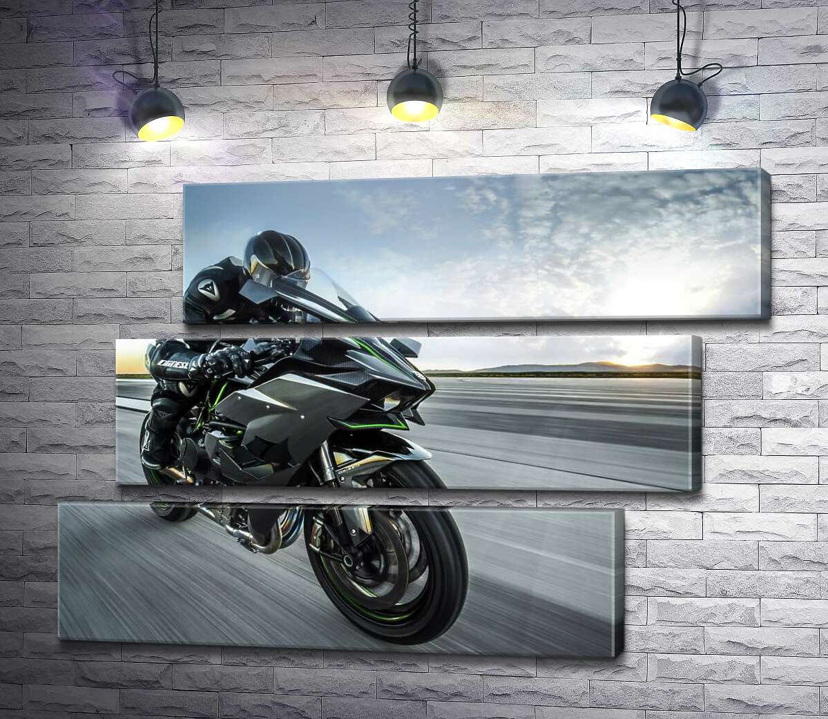 модульна картина Гонщик мчить на чорному мотоциклі Kawasaki Ninja (Модуль №17)