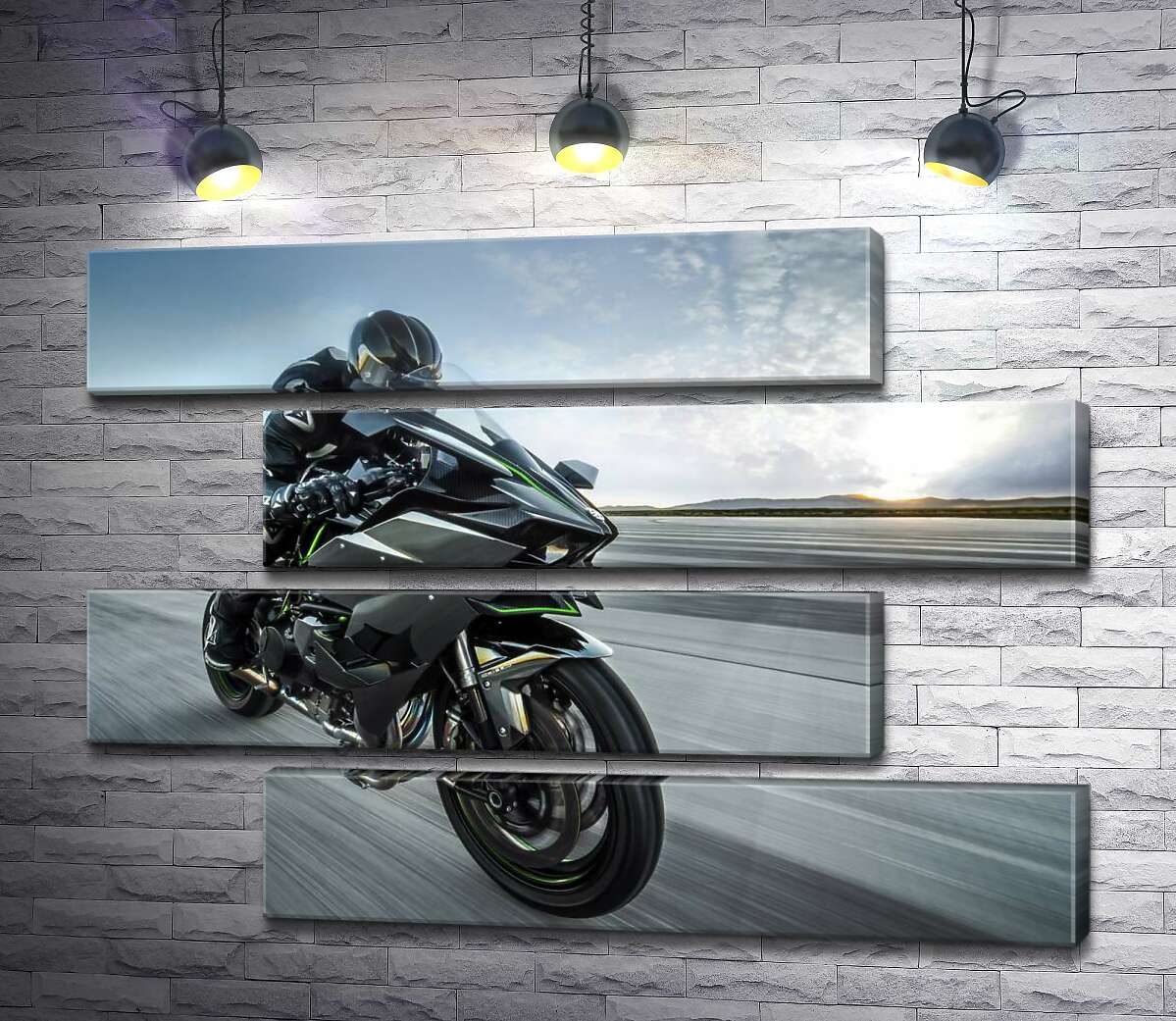 модульна картина Гонщик мчить на чорному мотоциклі Kawasaki Ninja (Модуль №23)