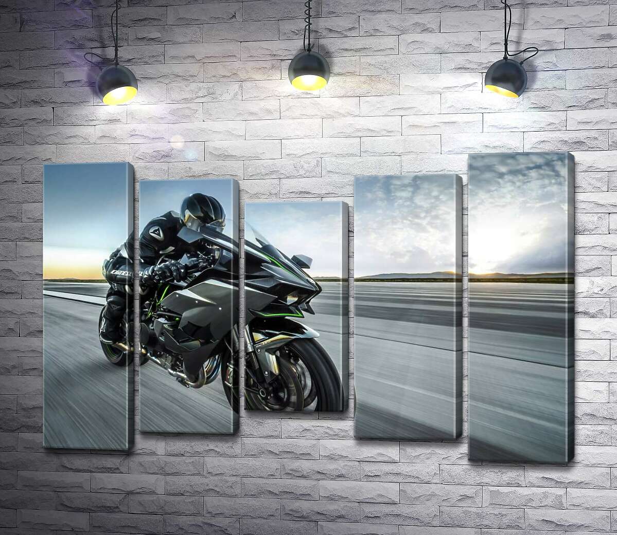 модульна картина Гонщик мчить на чорному мотоциклі Kawasaki Ninja (Модуль №27)