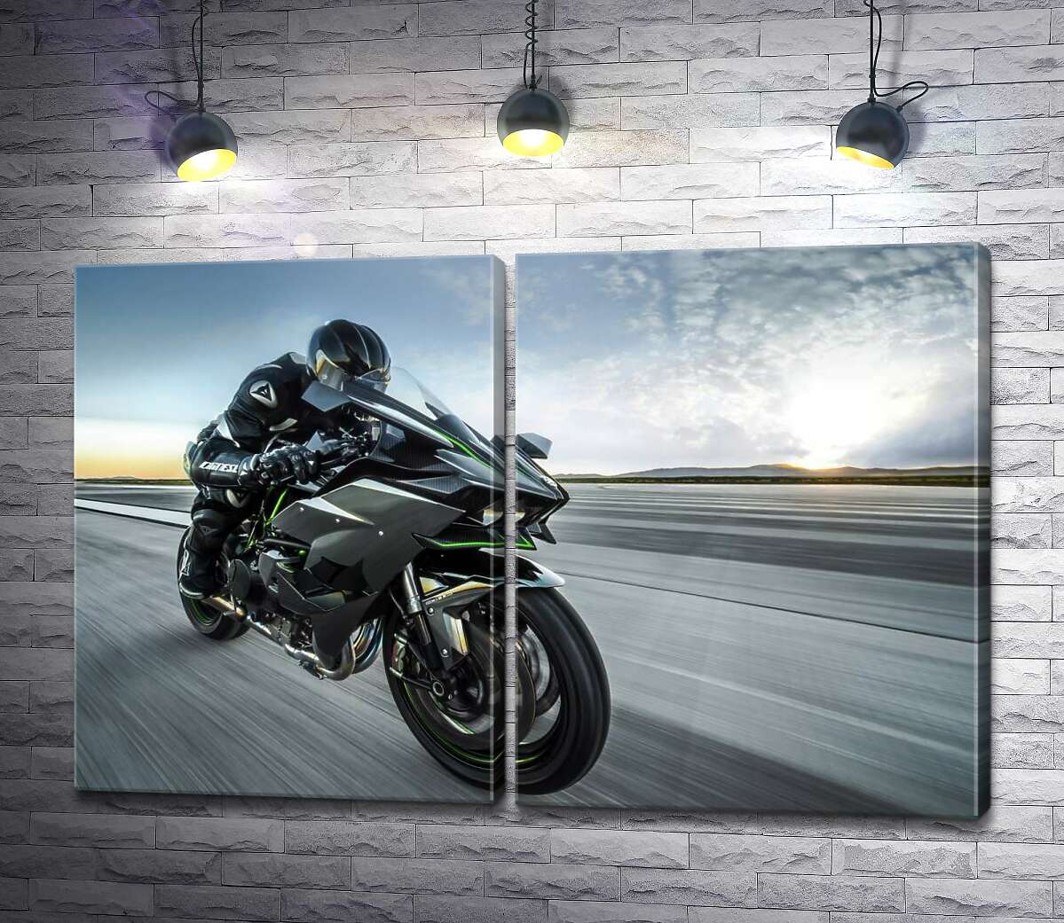 модульна картина Гонщик мчить на чорному мотоциклі Kawasaki Ninja