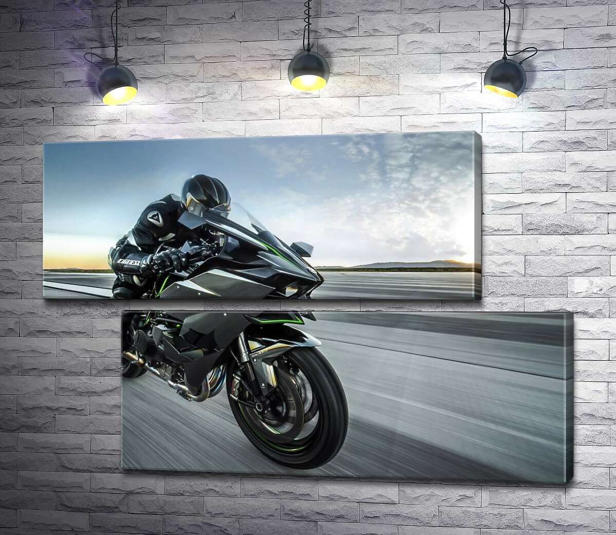 модульная картина Гонщик мчит на черном мотоцикле Kawasaki Ninja (Модуль №8)