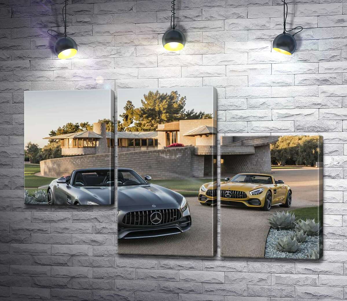 модульная картина Люксовые автомобили Mercedes-Benz AMG GT на заднем дворе виллы (Модуль №13)