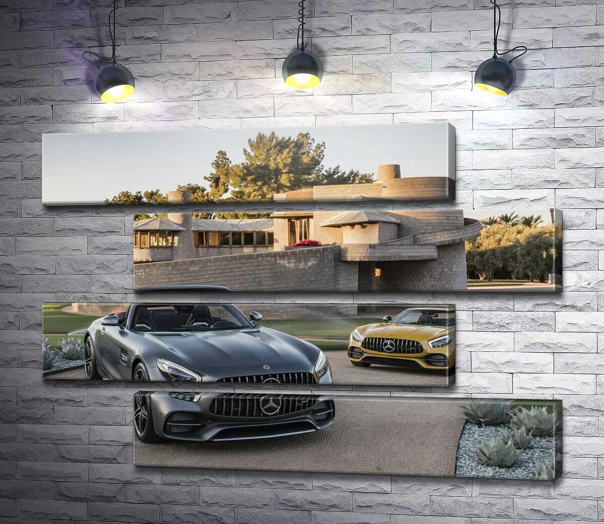 модульная картина Люксовые автомобили Mercedes-Benz AMG GT на заднем дворе виллы (Модуль №23)