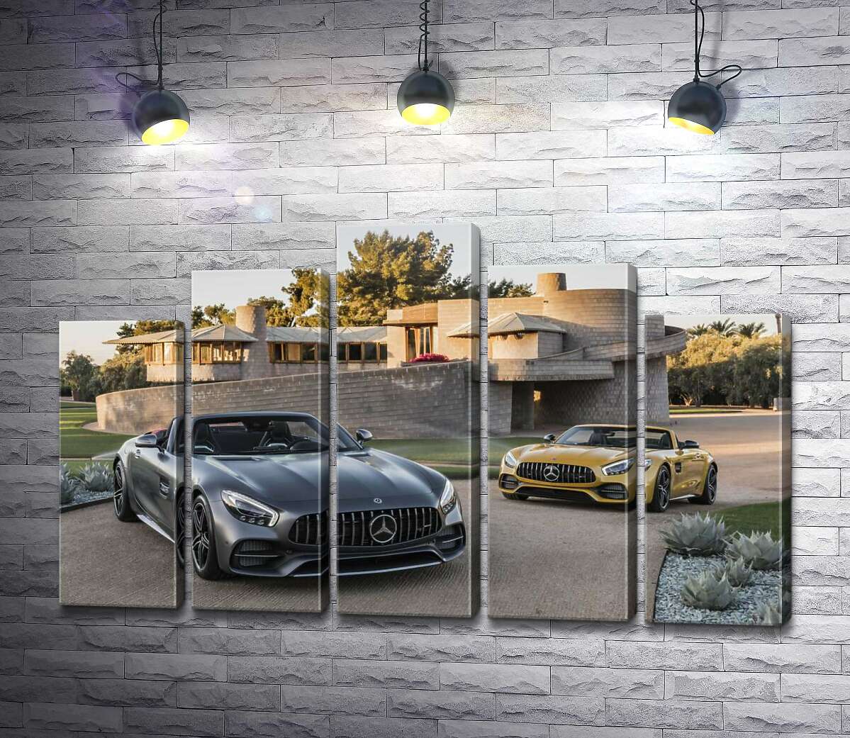 модульная картина Люксовые автомобили Mercedes-Benz AMG GT на заднем дворе виллы (Модуль №29)