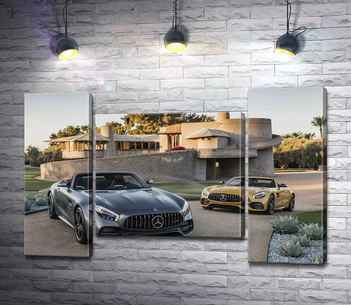 модульная картина Люксовые автомобили Mercedes-Benz AMG GT на заднем дворе виллы (Модуль №11)