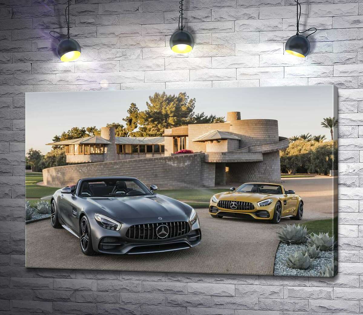картина Люксовые автомобили Mercedes-Benz AMG GT на заднем дворе виллы