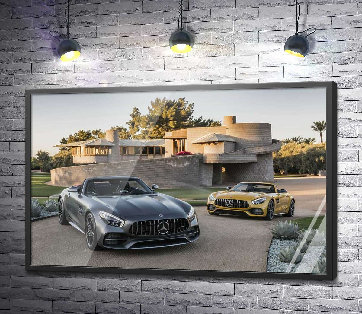постер Люксові автомобілі Mercedes-Benz AMG GT на задньому дворі вілли