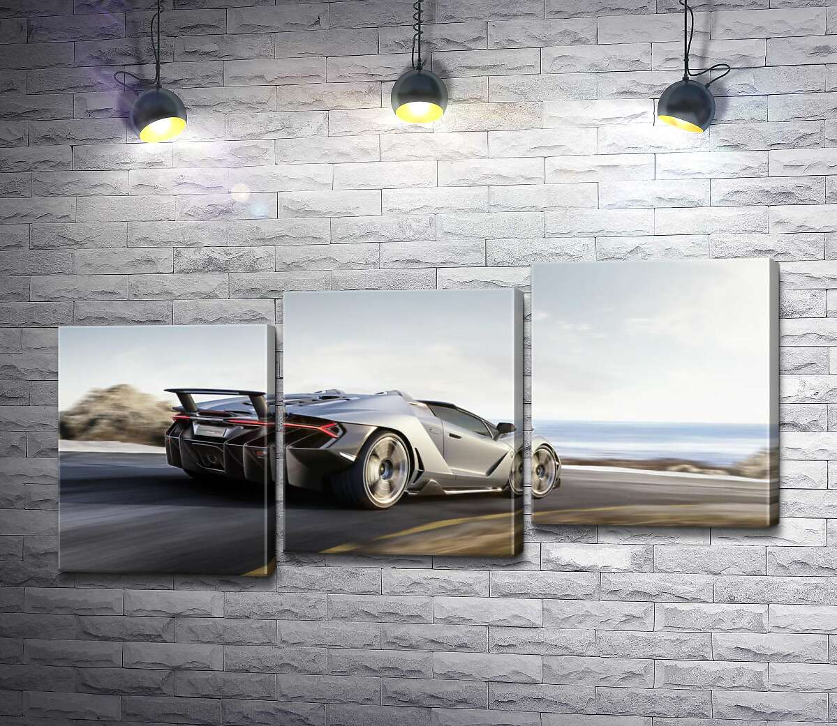 модульная картина Серебристый автомобиль Lamborghini Centenario мчит по дороге (Модуль №14)