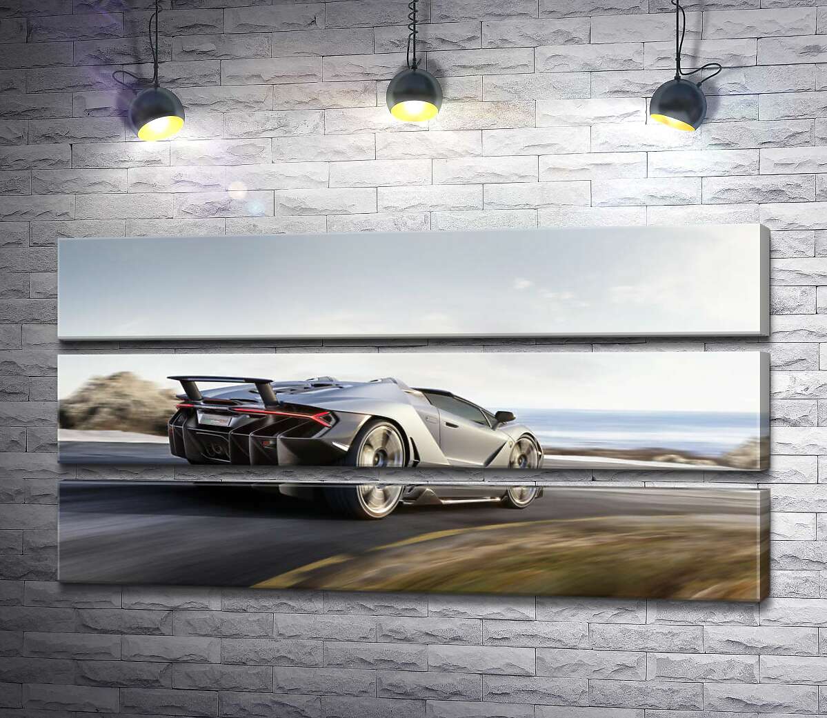 модульна картина Сріблястий автомобіль Lamborghini Centenario мчить по дорозі (Модуль №15)