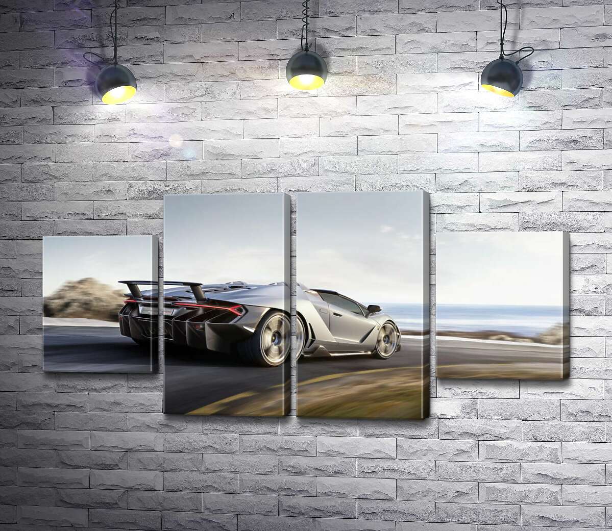 модульная картина Серебристый автомобиль Lamborghini Centenario мчит по дороге (Модуль №20)