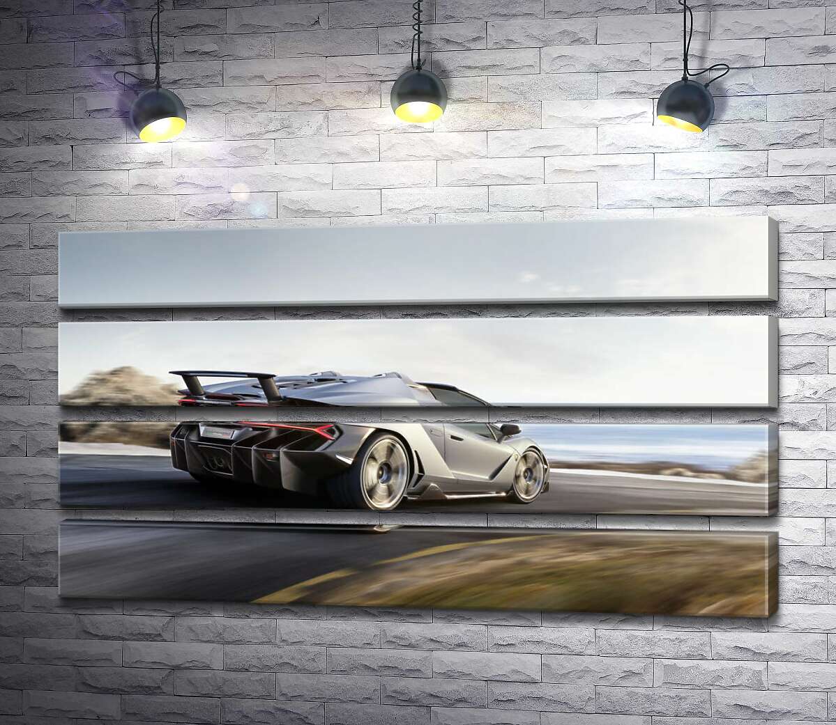 модульная картина Серебристый автомобиль Lamborghini Centenario мчит по дороге (Модуль №22)