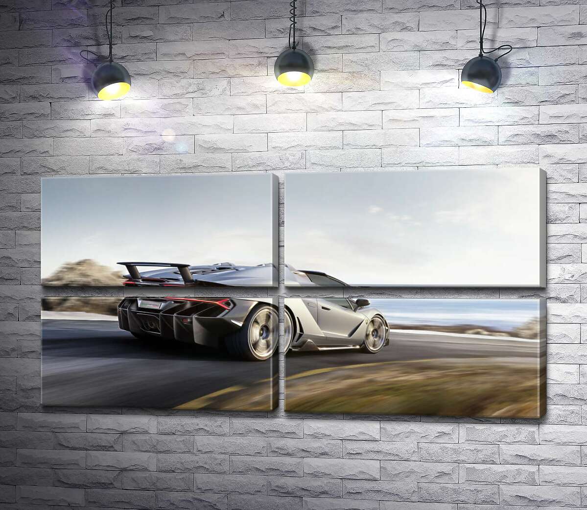 модульна картина Сріблястий автомобіль Lamborghini Centenario мчить по дорозі (Модуль №25)