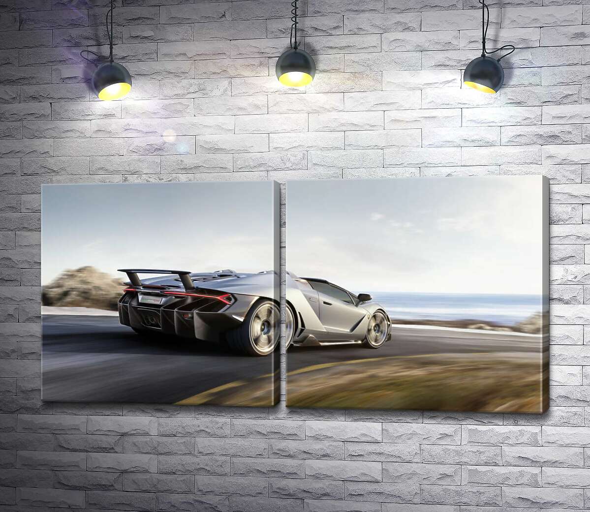 модульна картина Сріблястий автомобіль Lamborghini Centenario мчить по дорозі