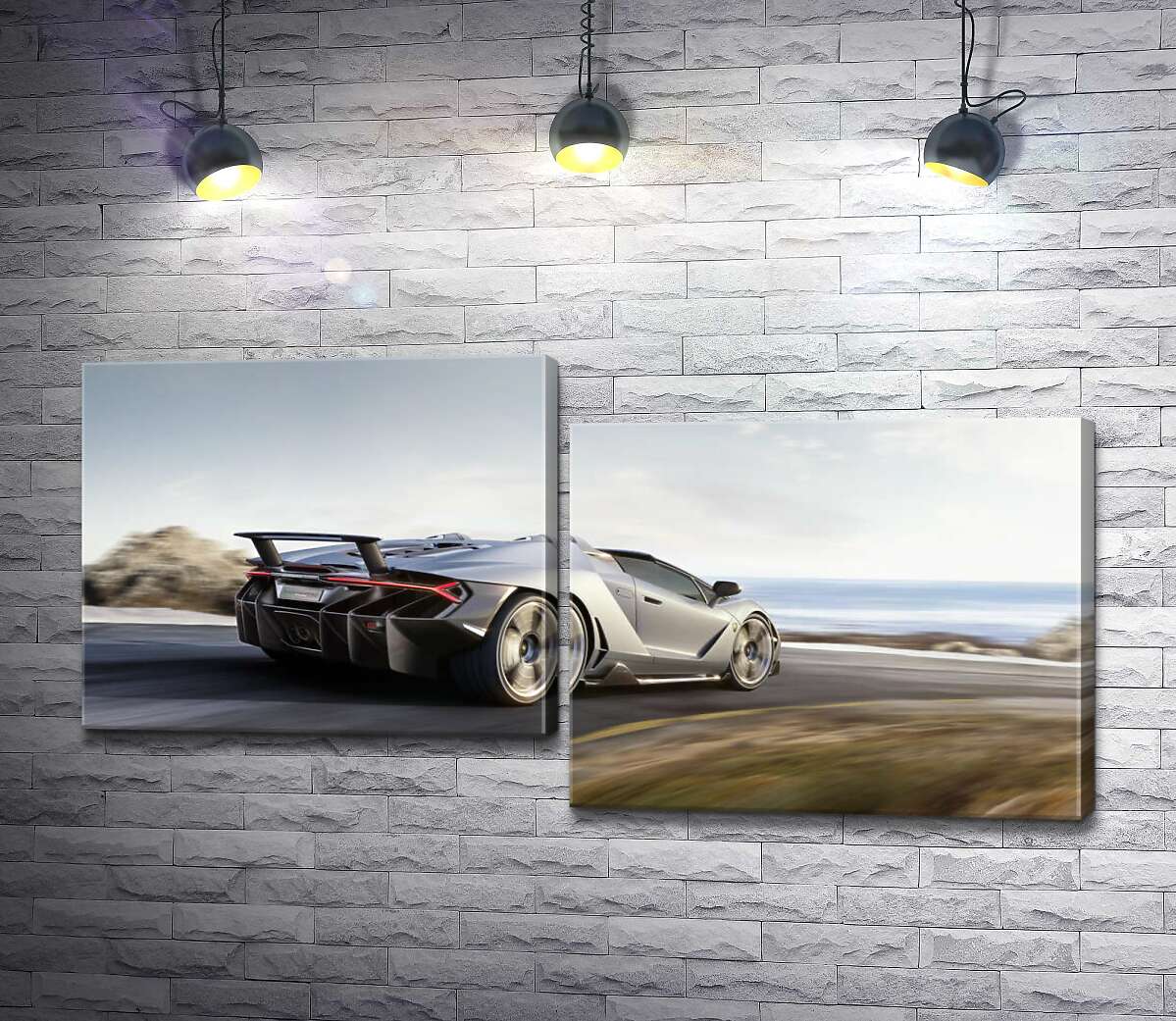 модульна картина Сріблястий автомобіль Lamborghini Centenario мчить по дорозі (Модуль №9)