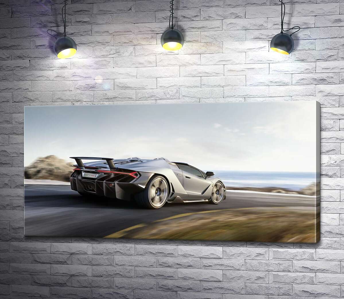 картина Сріблястий автомобіль Lamborghini Centenario мчить по дорозі