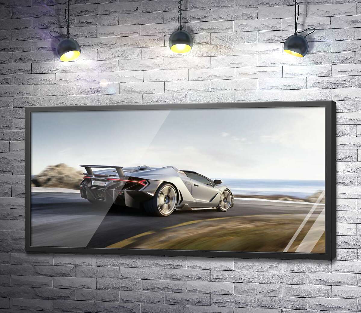 постер Сріблястий автомобіль Lamborghini Centenario мчить по дорозі