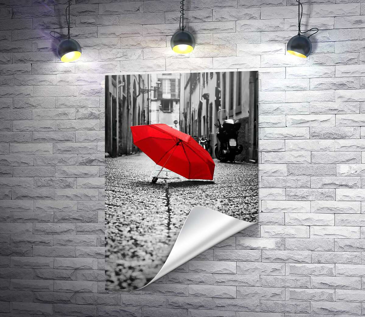 друк Червона парасолька на мокрій вуличці