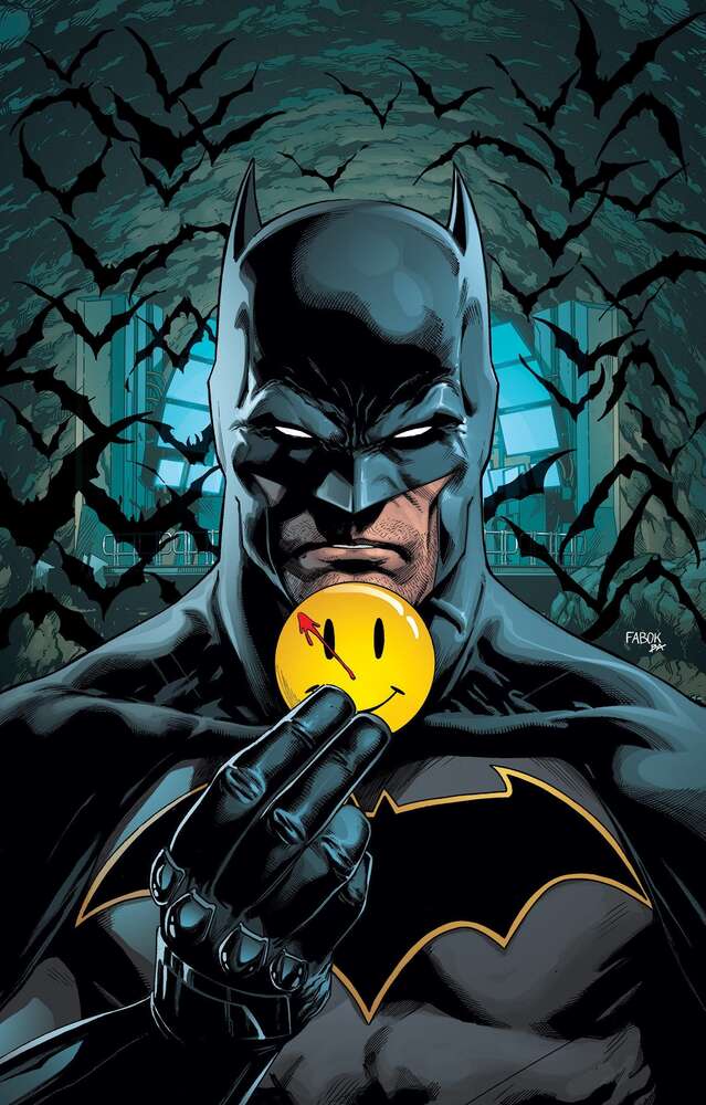 картина-постер Бэтмен держит в руке кружочек смайлика