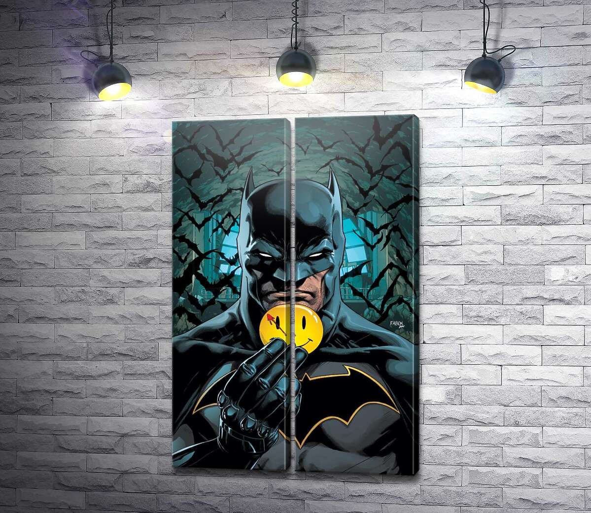 модульная картина Бэтмен держит в руке кружочек смайлика