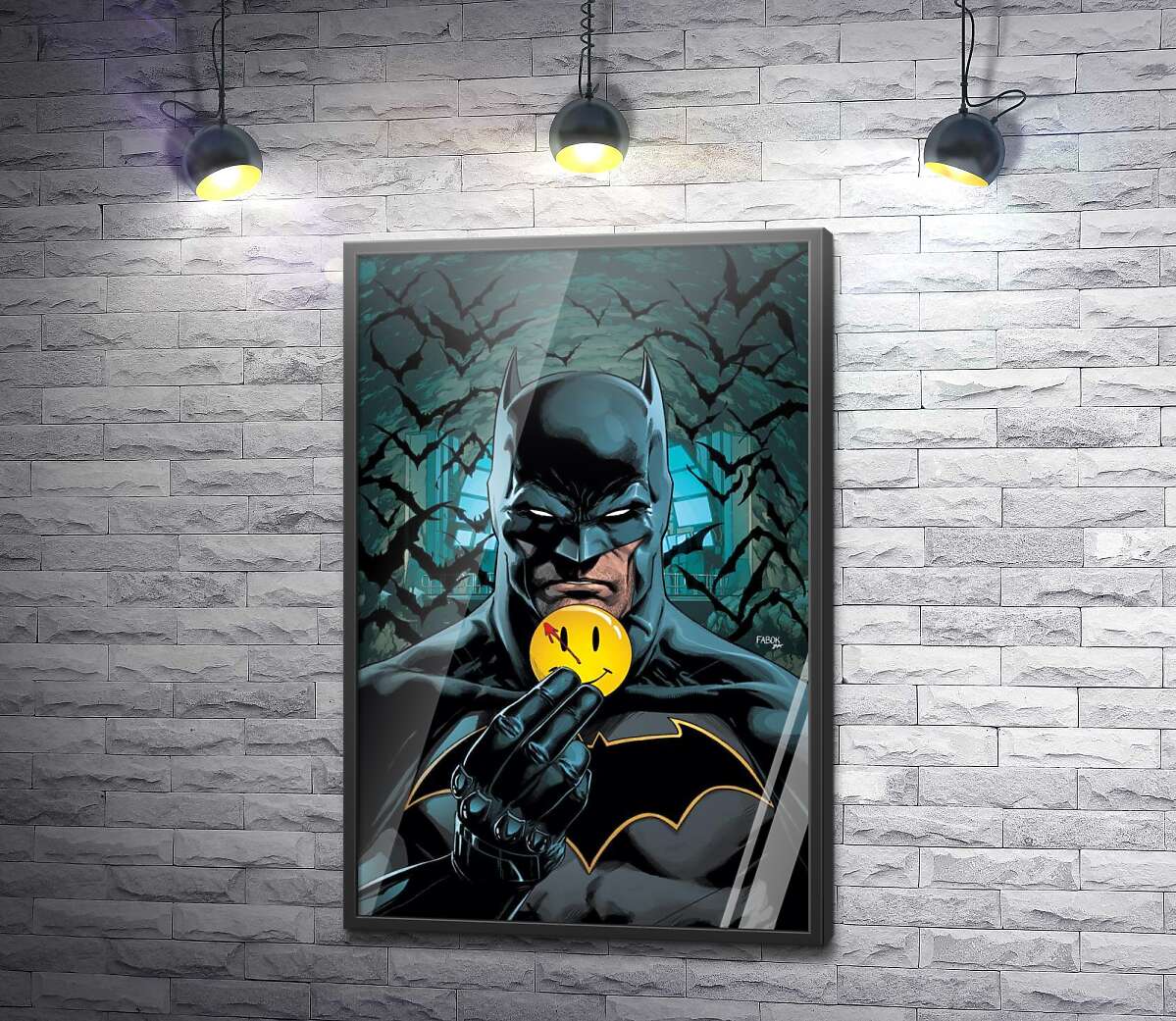 постер Бетмен тримає в руці кружечок смайлика