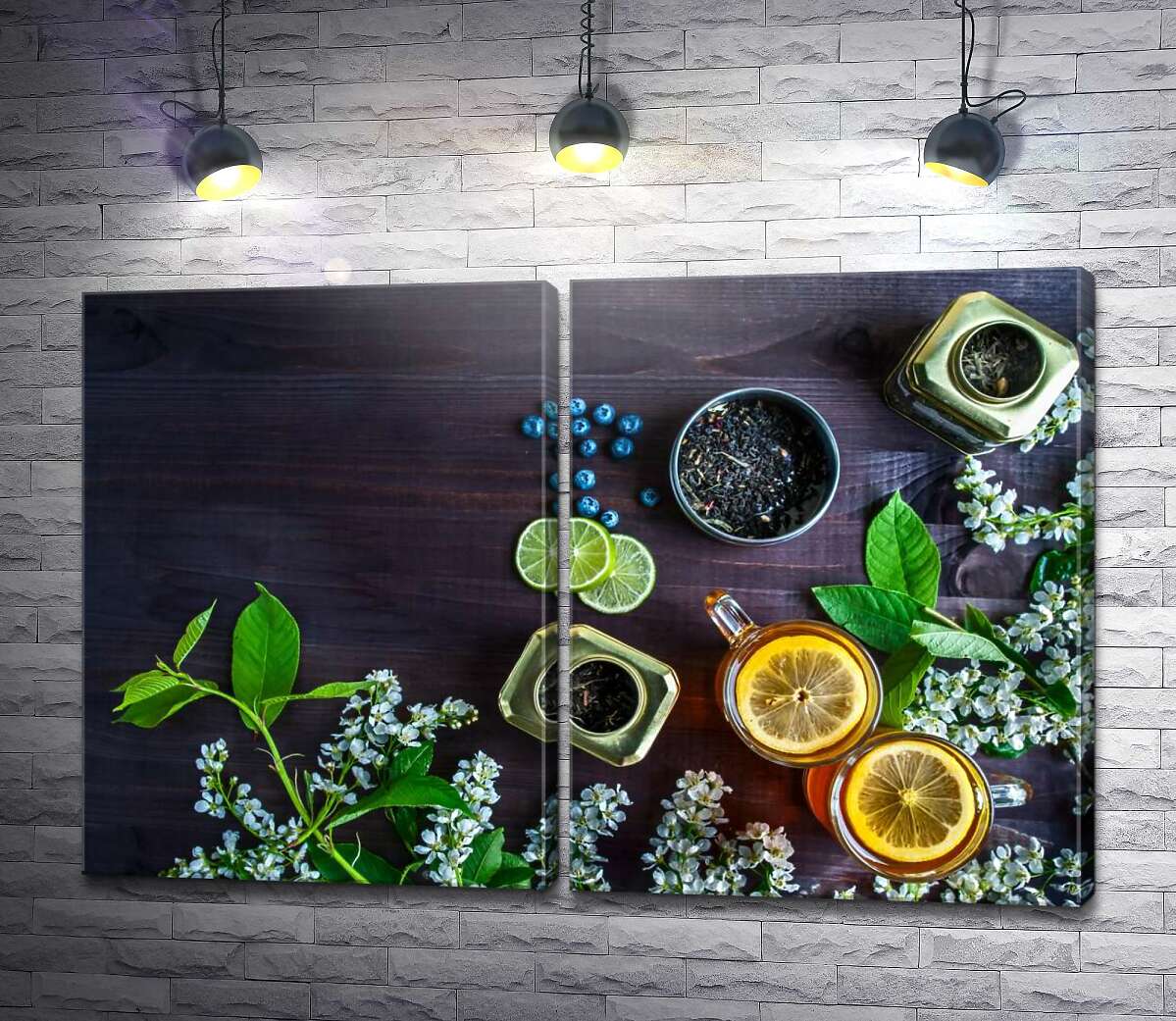 модульная картина Чай с лимоном и цветами черемухи