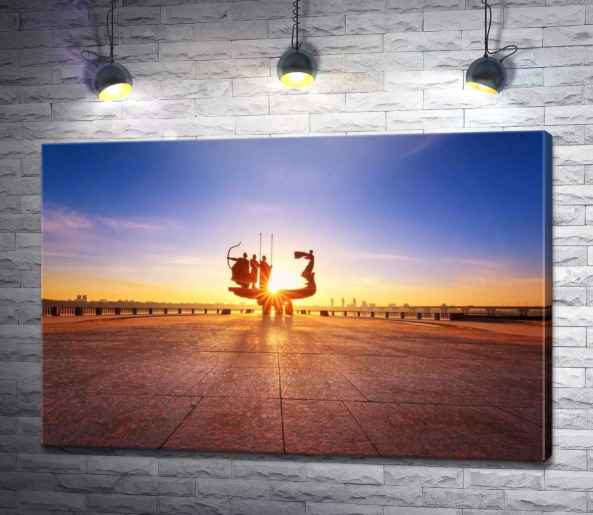 картина Пам'ятник засновникам Києва на фоні заходу сонця