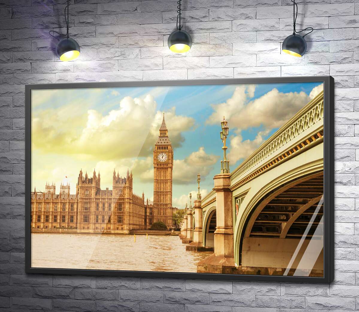 постер Вестминстерский дворец, Биг-Бен и мост в погожий день