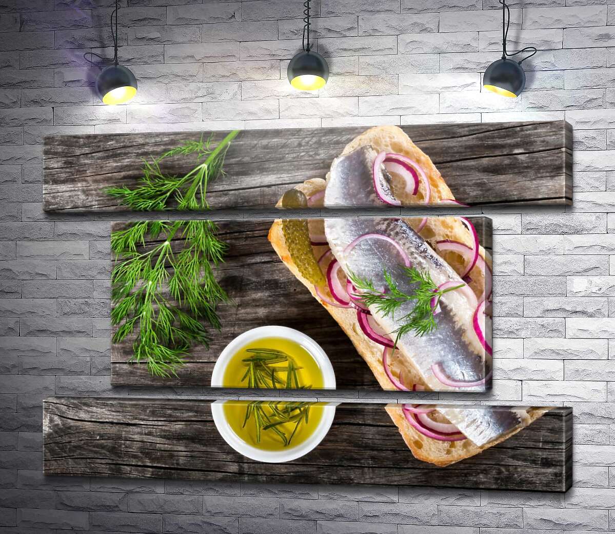 модульна картина Філе оселедця з кільцями цибулі на хлібі (Модуль №18)