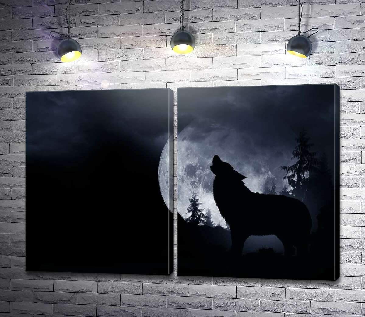модульная картина Силуэт волка на фоне полной луны