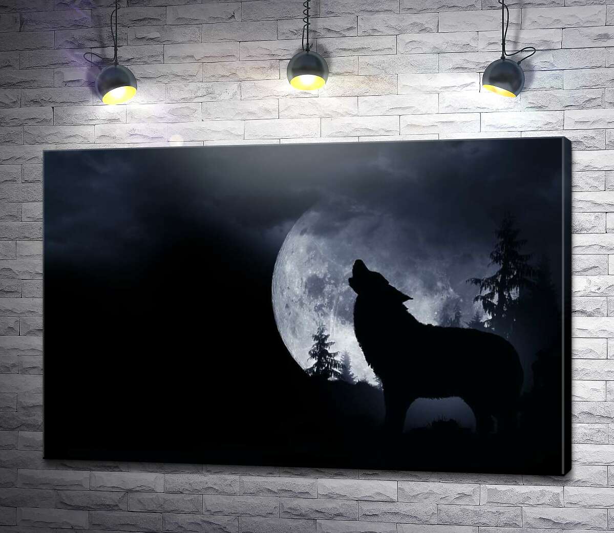 картина Силуэт волка на фоне полной луны