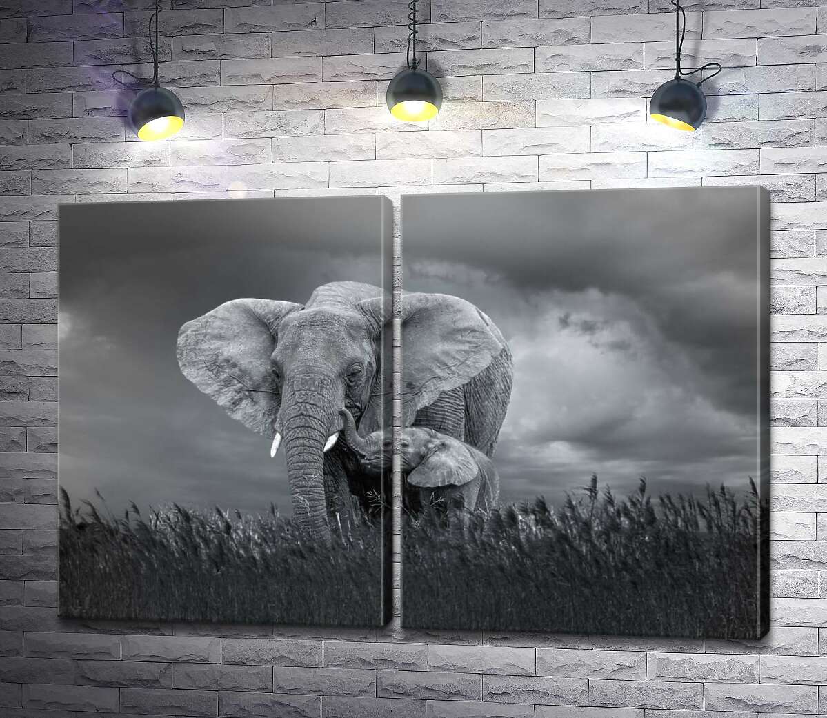 модульна картина Слон і слоненя в похмурий день
