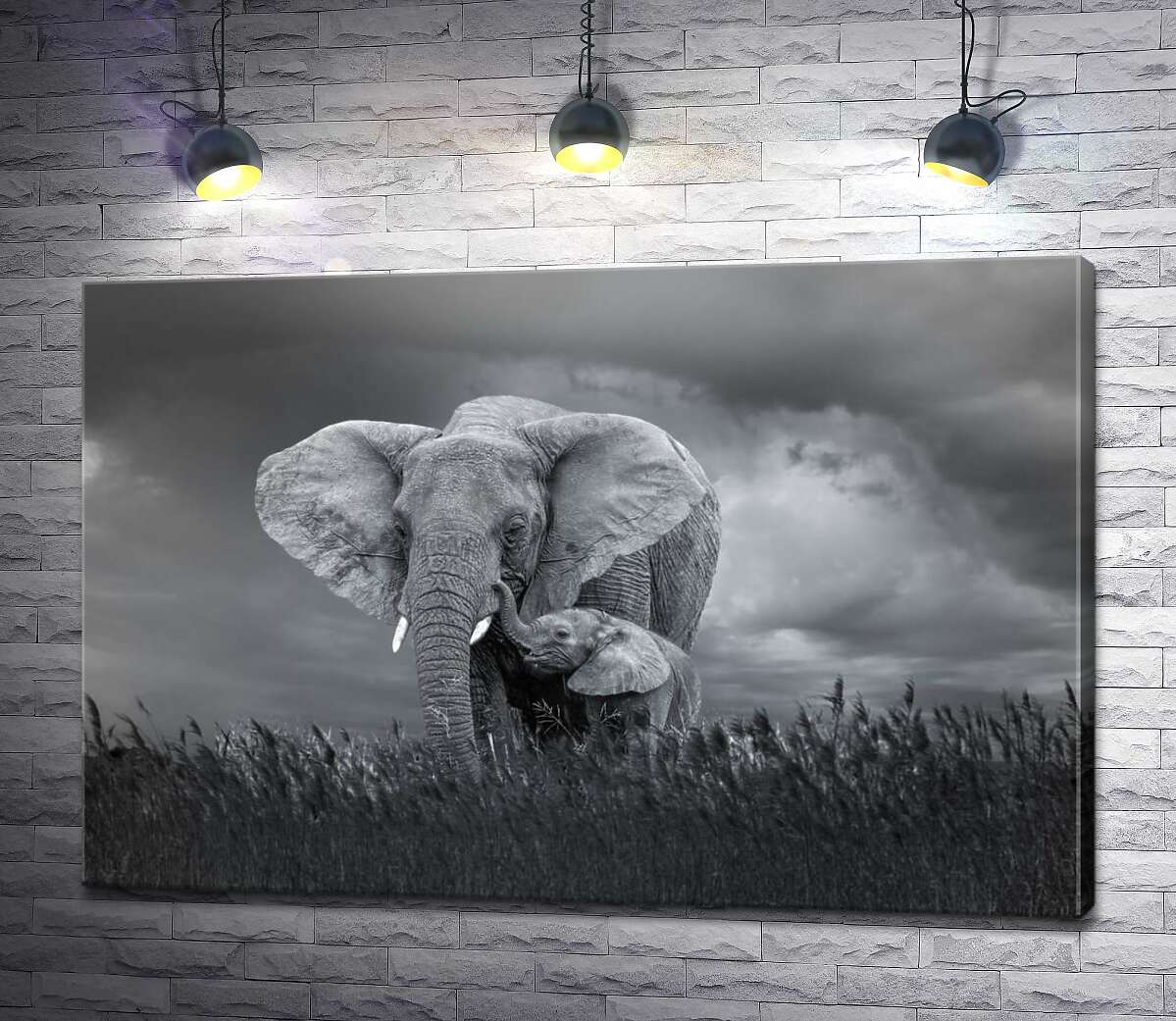 картина Слон и слоненок в пасмурный день