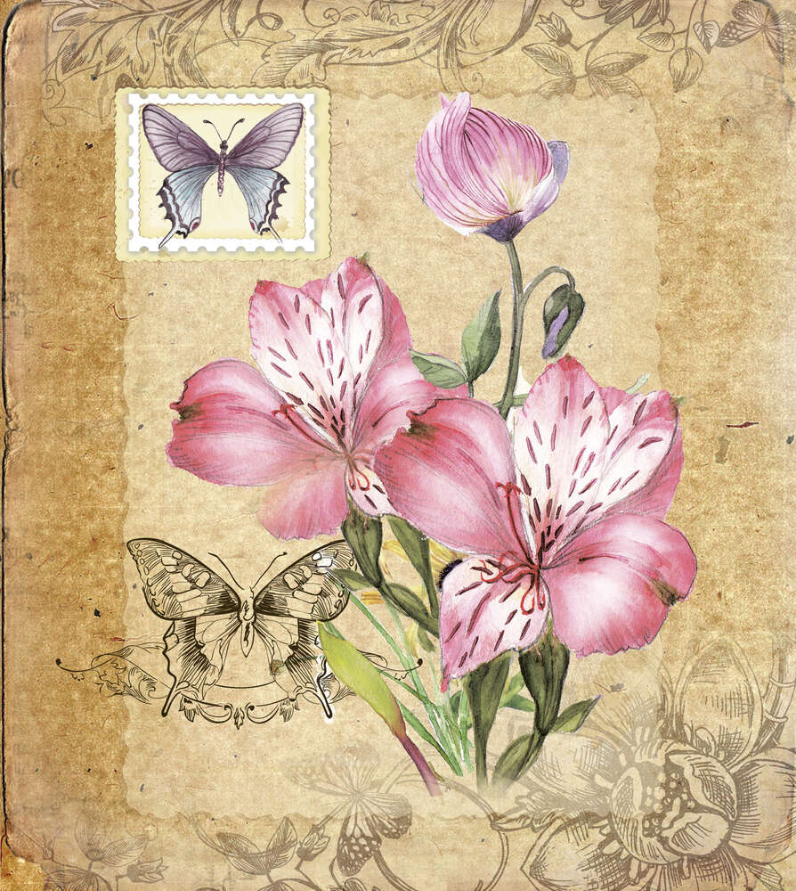 картина-постер Винтажная открытка с цветами лилий и бабочками