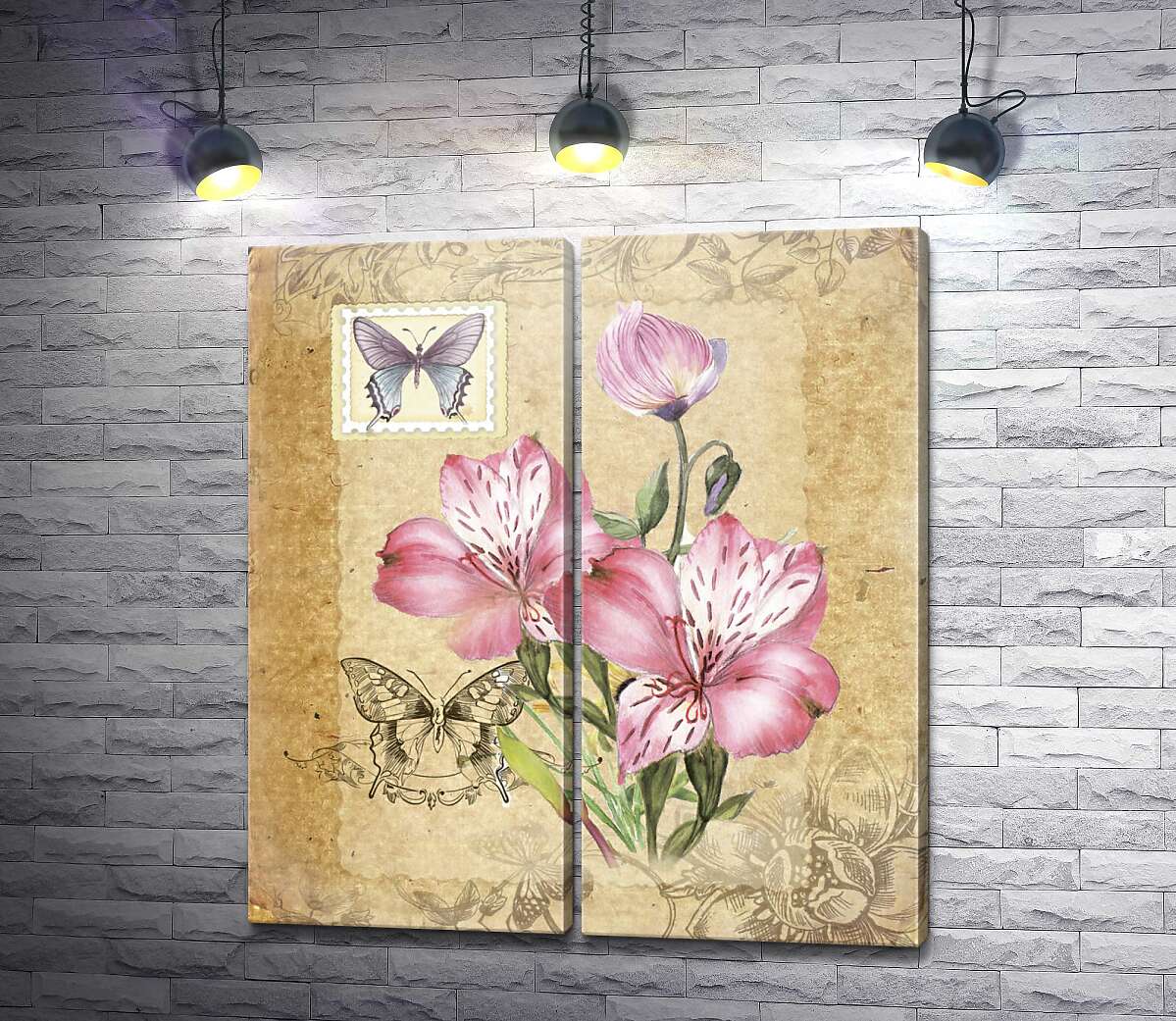 модульная картина Винтажная открытка с цветами лилий и бабочками