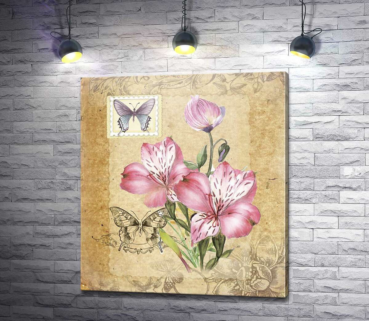 картина Винтажная открытка с цветами лилий и бабочками