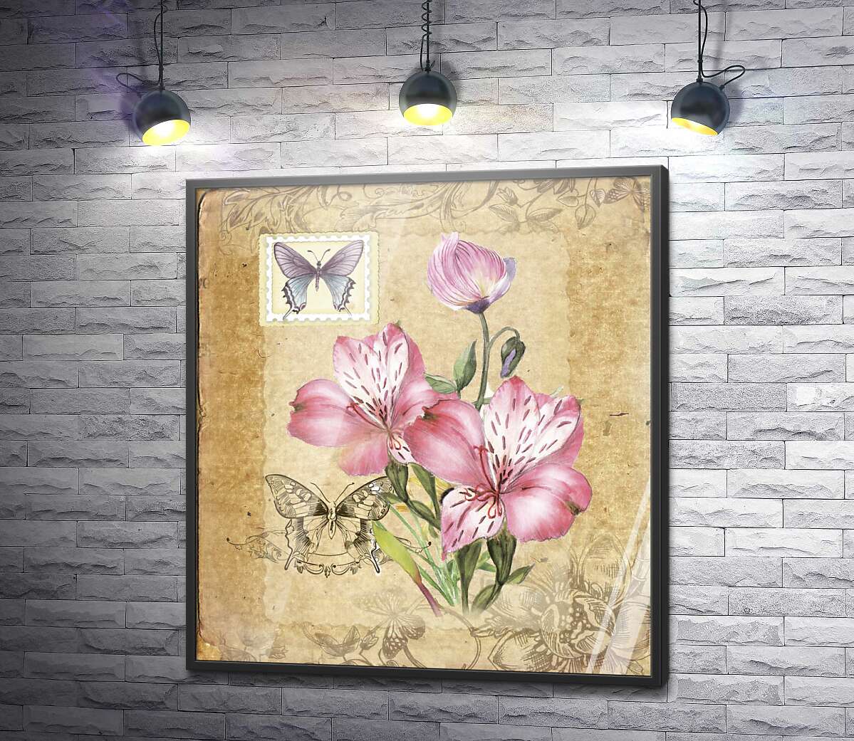постер Вінтажна листівка з квітами лілій і метеликами