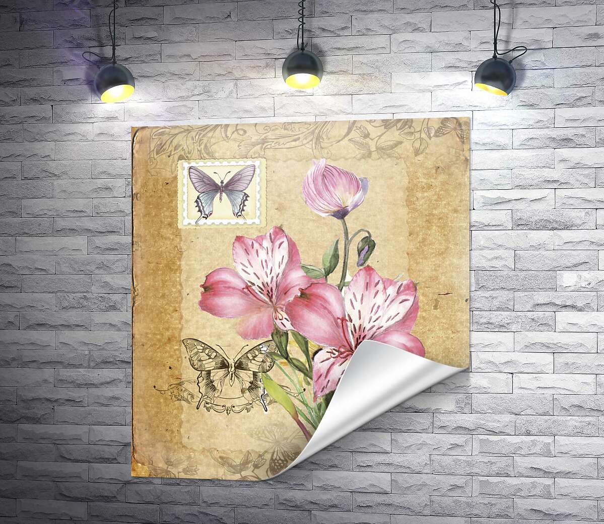 печать Винтажная открытка с цветами лилий и бабочками