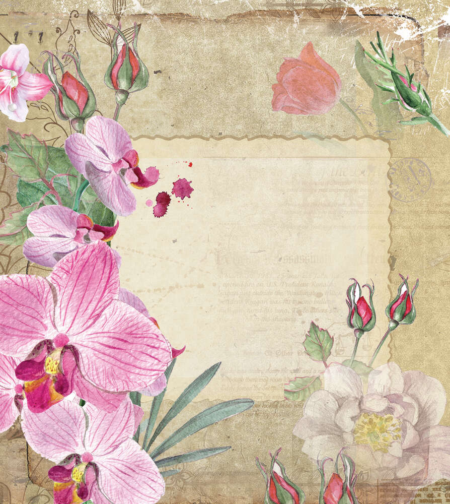 картина-постер Винтажная рамка с цветами роз и орхидей
