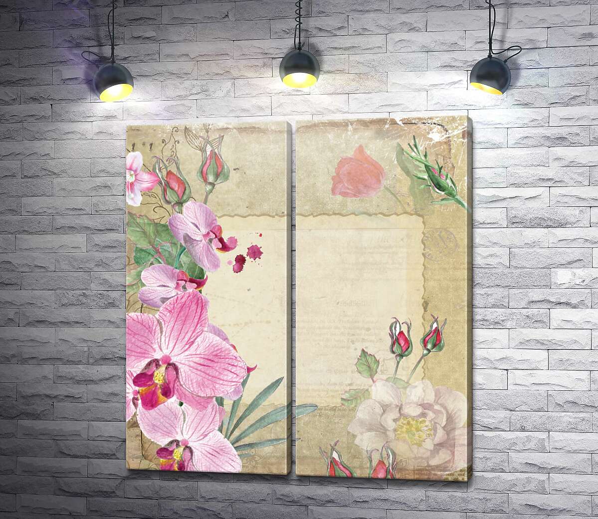 модульна картина Вінтажна рамка з квітами троянд і орхідей