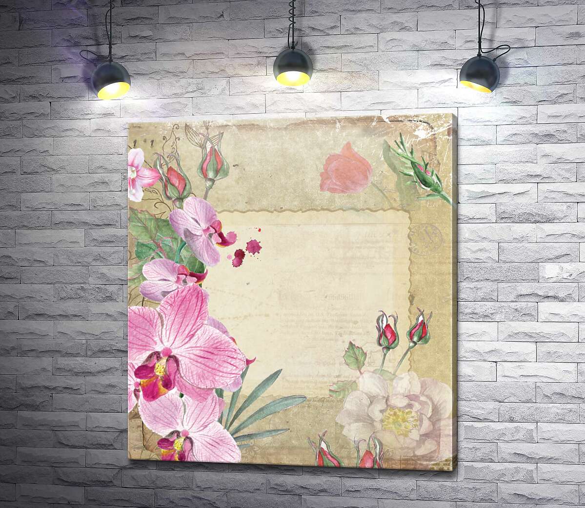картина Винтажная рамка с цветами роз и орхидей